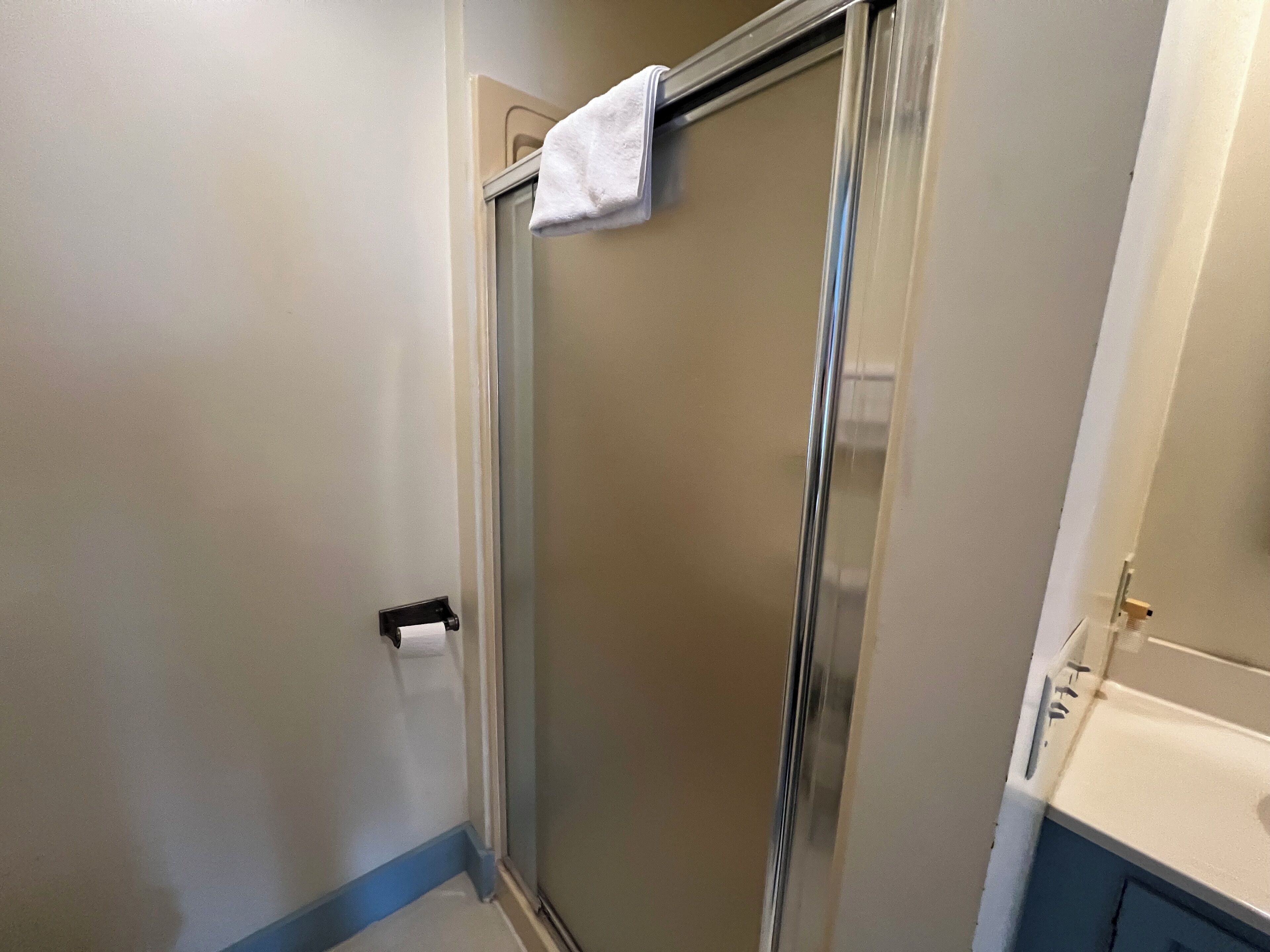 Shower, towels, soap, toilet paper