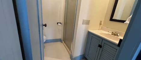 Regadera, toallas, jabón, papel de baño