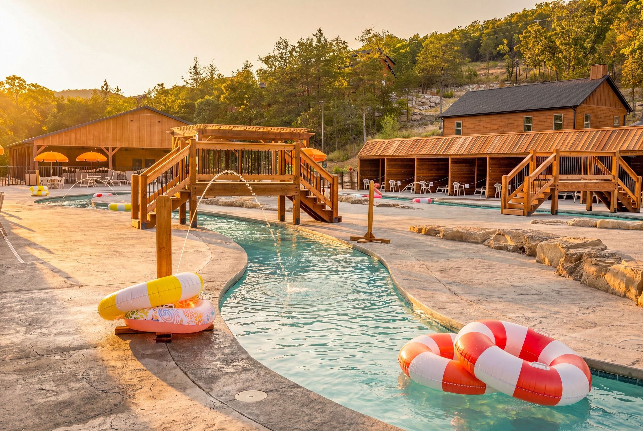 A pool area with wooden structures, including a bridge and seating areas.