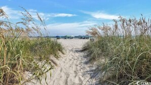Ein Sandweg am Strand, gesäumt von hohem Gras, der zu Strandsonnenschirmen und einem klaren, blauen Himmel führt.
