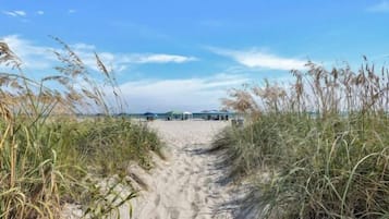 Un sentier de sable bordé d’herbes hautes, qui mène à des parasols de plage, avec un ciel bleu et dégagé au-dessus.