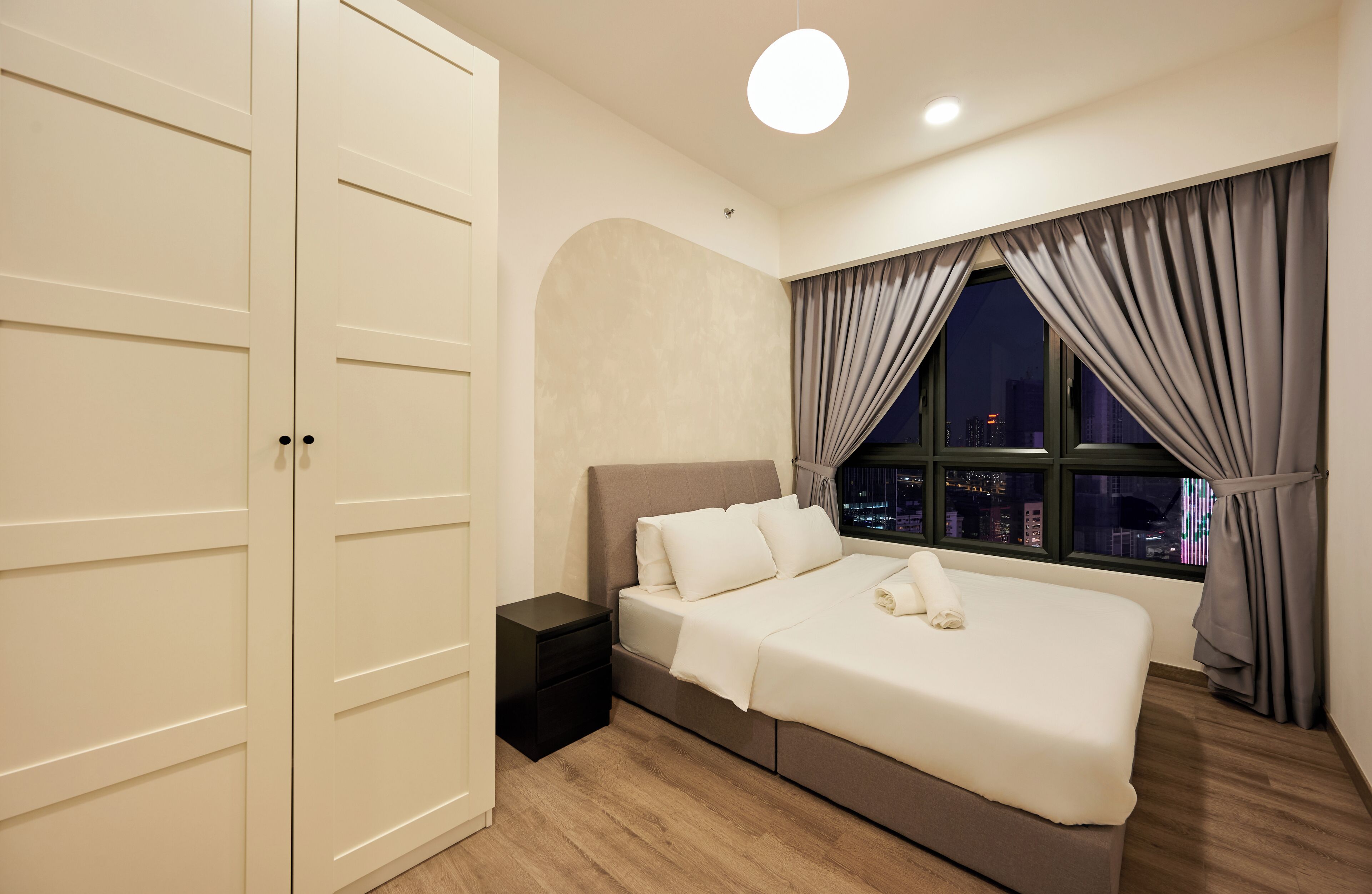 Desk, laptop workspace, blackout curtains, soundproofing