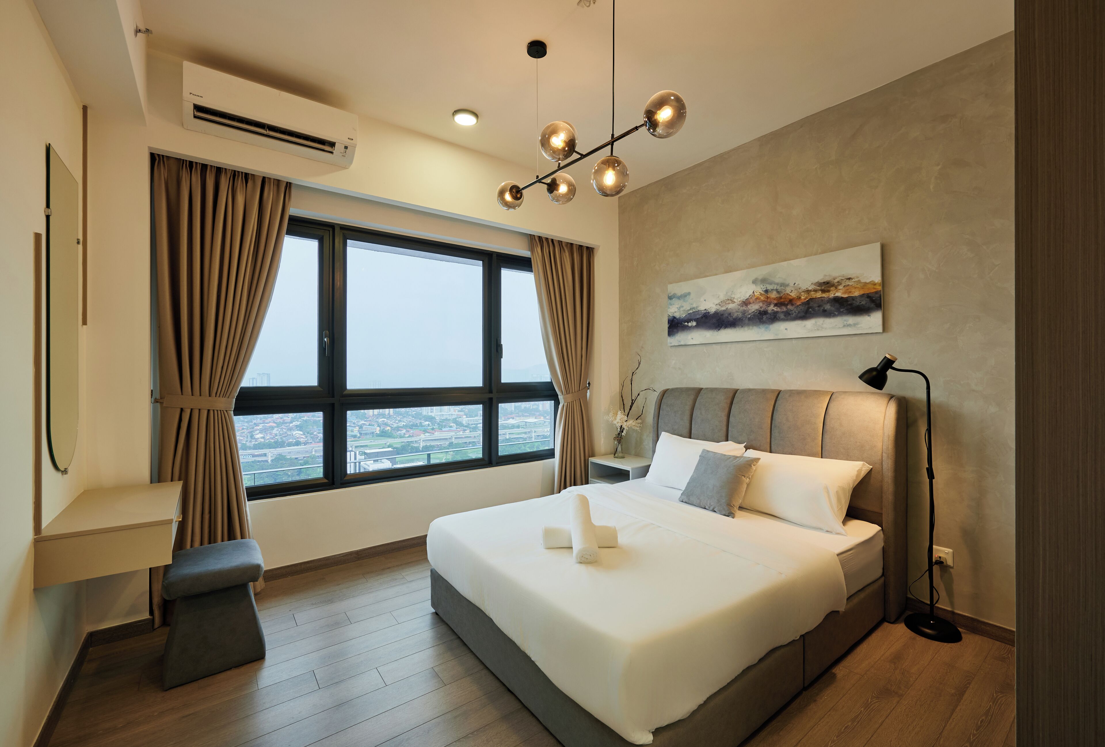 Desk, laptop workspace, blackout curtains, soundproofing