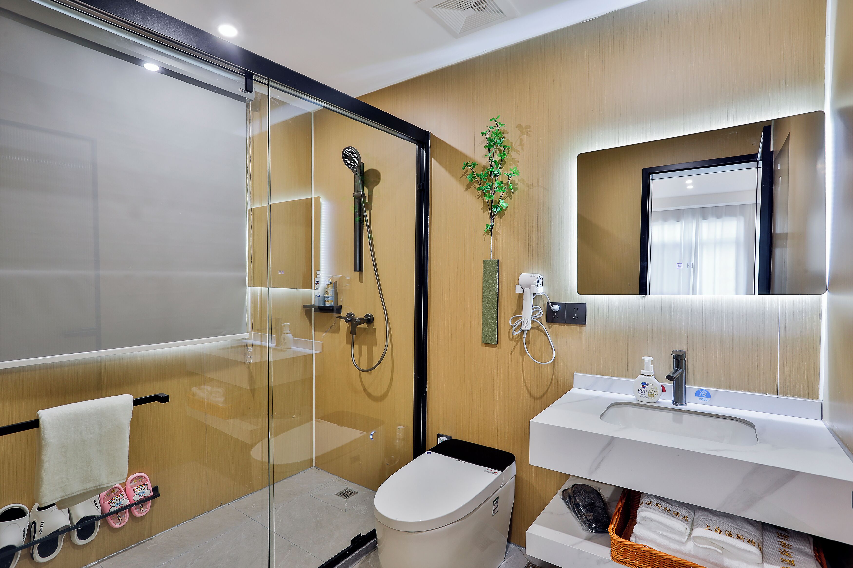 A modern bathroom with a glass shower enclosure, a toilet, a sink with a mirror, and a small plant on the wall.