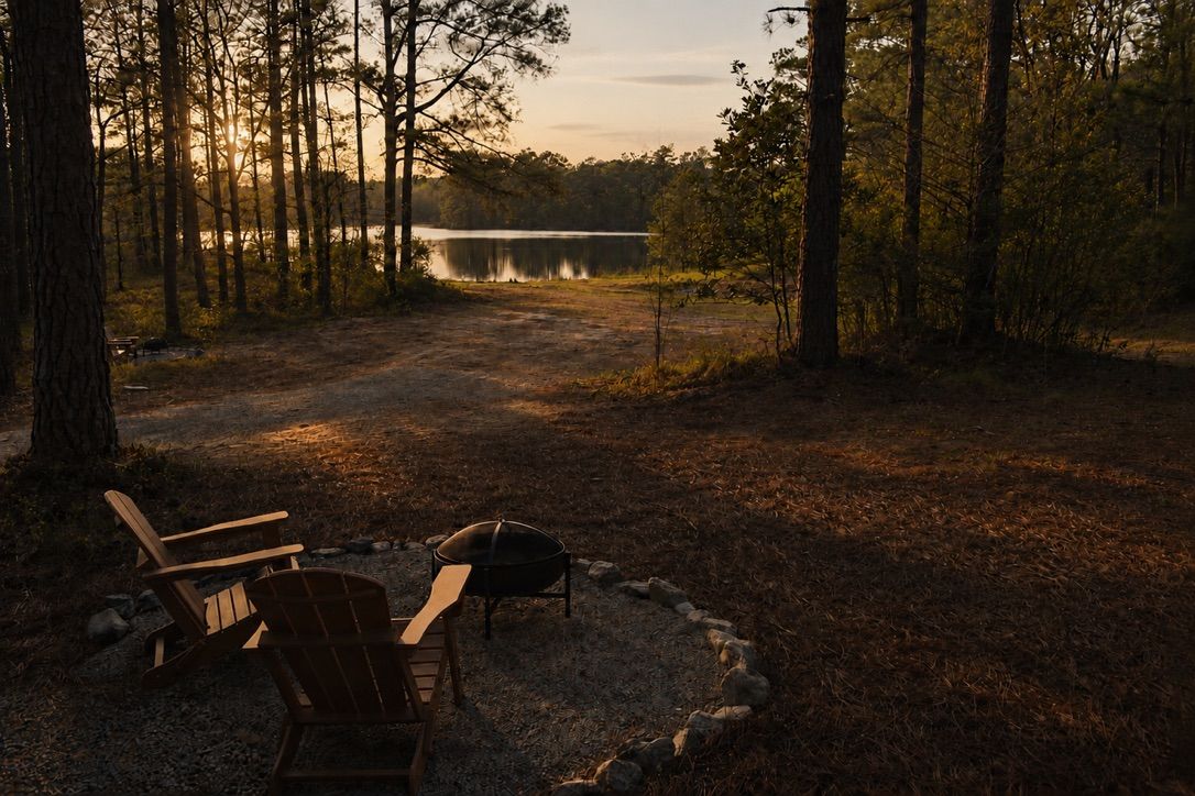 A campsite with two Adirondack chairs, a fire pit, and a lake in the background.