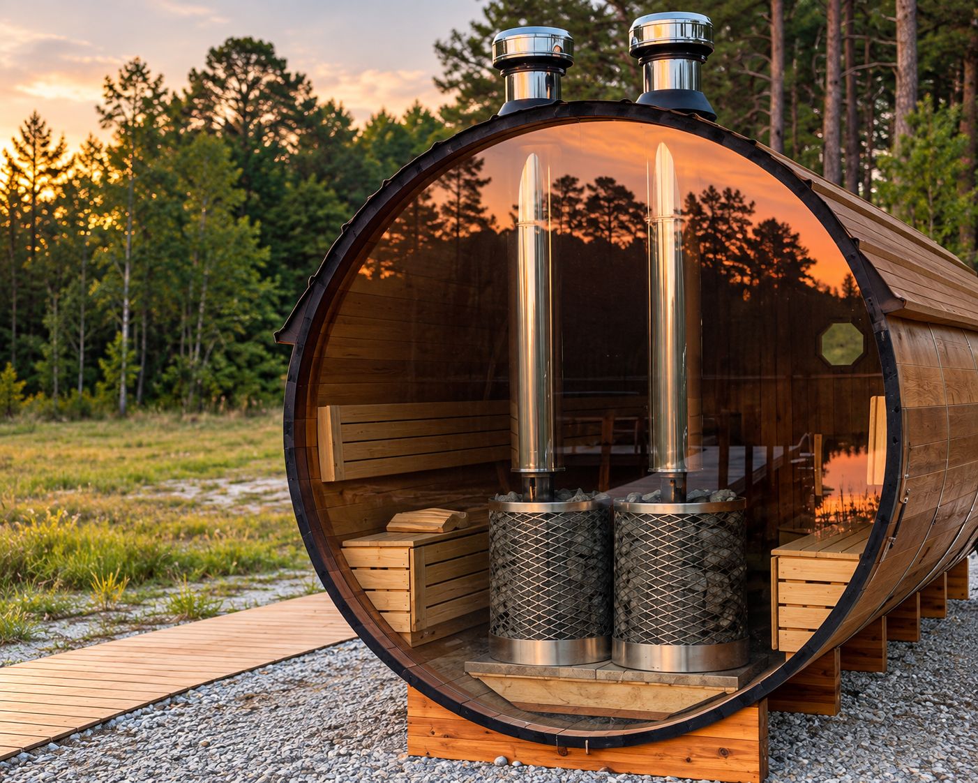 Un sauna à l’extérieur cylindrique en bois, doté de deux poteaux métalliques et d’un espace détente avec des bancs.