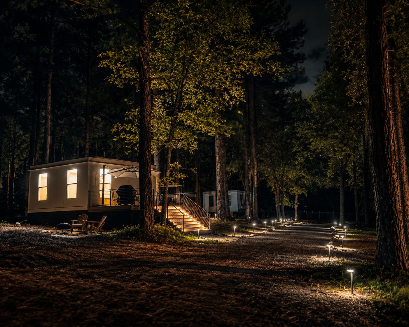 Une petite cabane dotée d’une véranda et d’un escalier menant à l’entrée, entourée d’arbres.