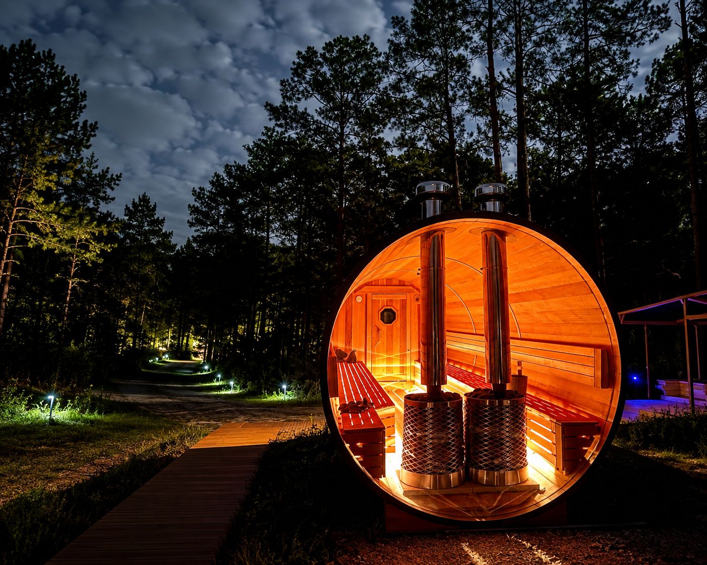A circular wooden structure with benches and a fireplace, surrounded by trees.