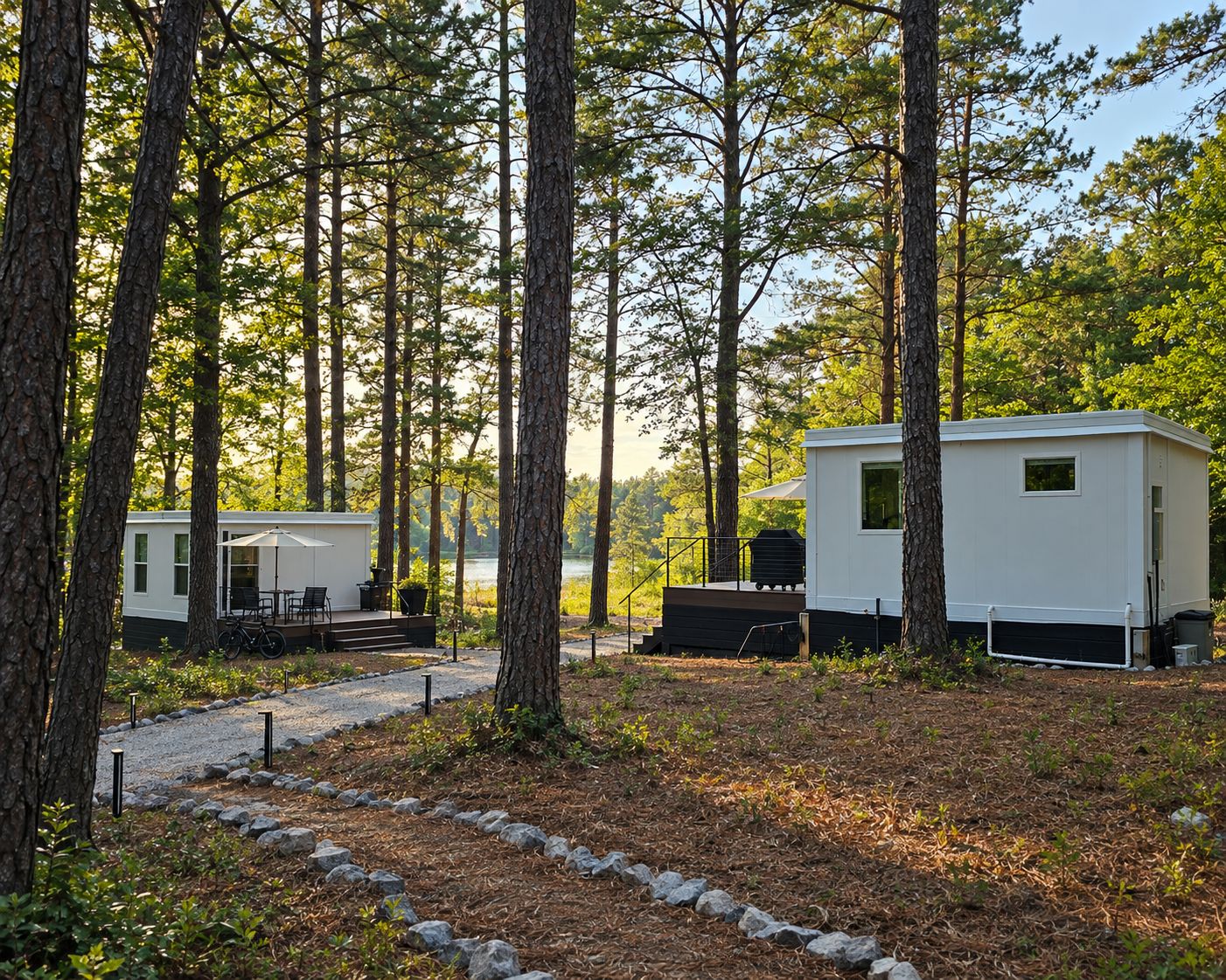 Une cabane dotée d’une terrasse, entourée de grands arbres et bordée d’un chemin de gravier.