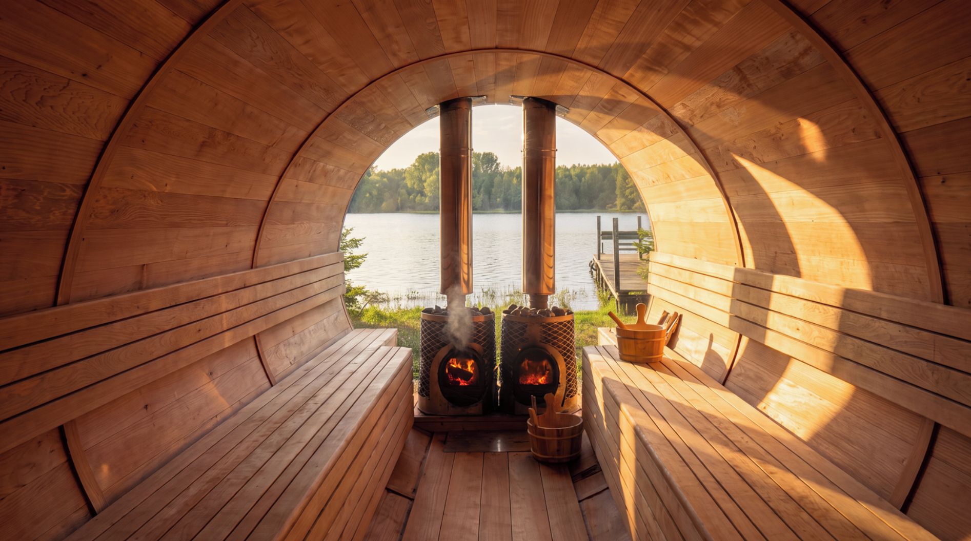 A wooden sauna with a view of a lake, two stoves, and wooden benches.