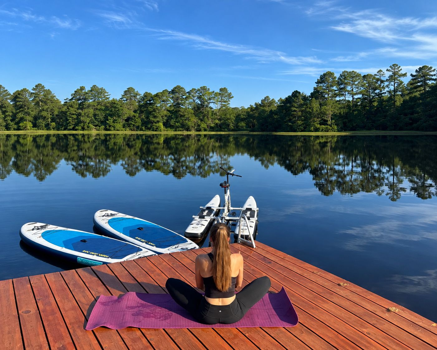 Une femme est assise sur une jetée en bois, à côté de quelques kayaks, et elle contemple un lac paisible et une forêt.