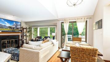 Smart TV, chimenea, libros