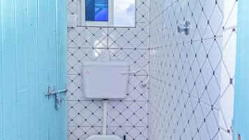 Shower, towels, soap, toilet paper