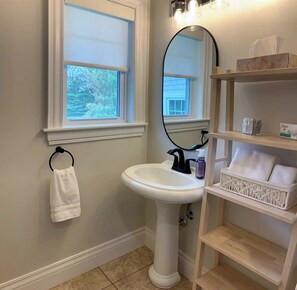 Hair dryer, towels, soap