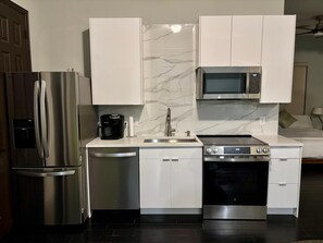 Fridge, microwave, oven, stovetop