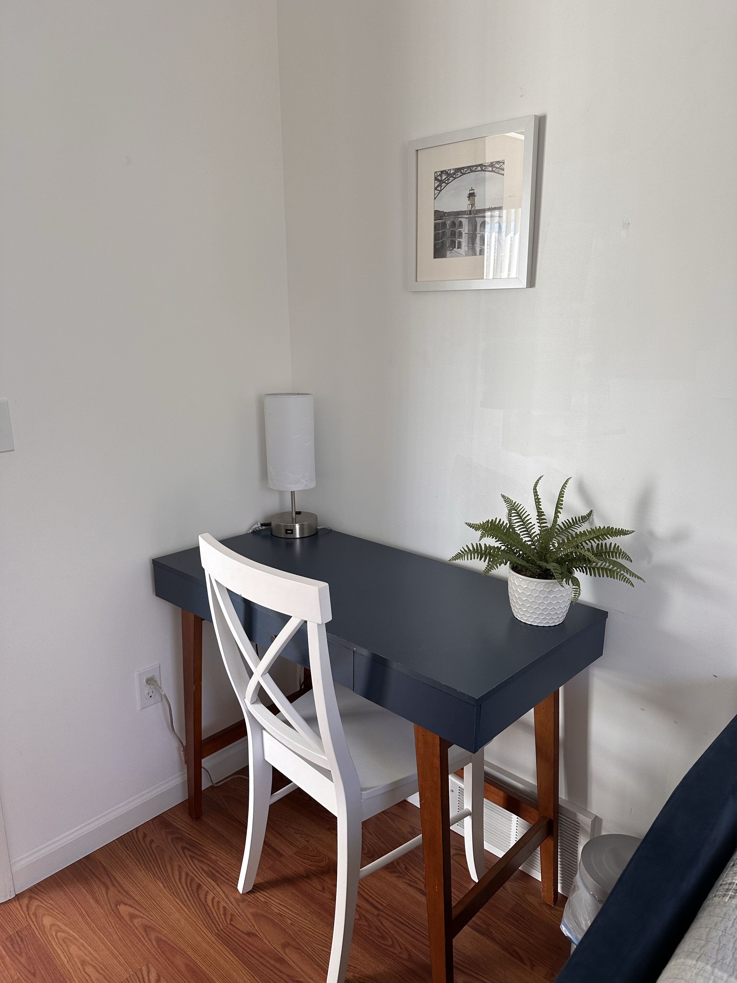 Une petite pièce moderne avec une table bleu foncé, une chaise blanche, une plante en pot et un tableau encadré accroché au mur.