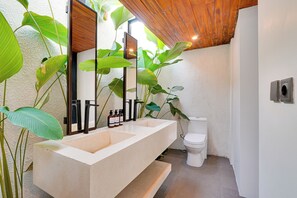 Villa Basic, vista piscina | Bagno | Vasca e doccia separate, set di cortesia gratuito, asciugacapelli