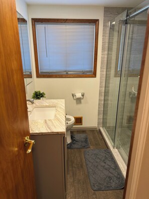 Regadera, secadora de cabello, toallas, jabón 