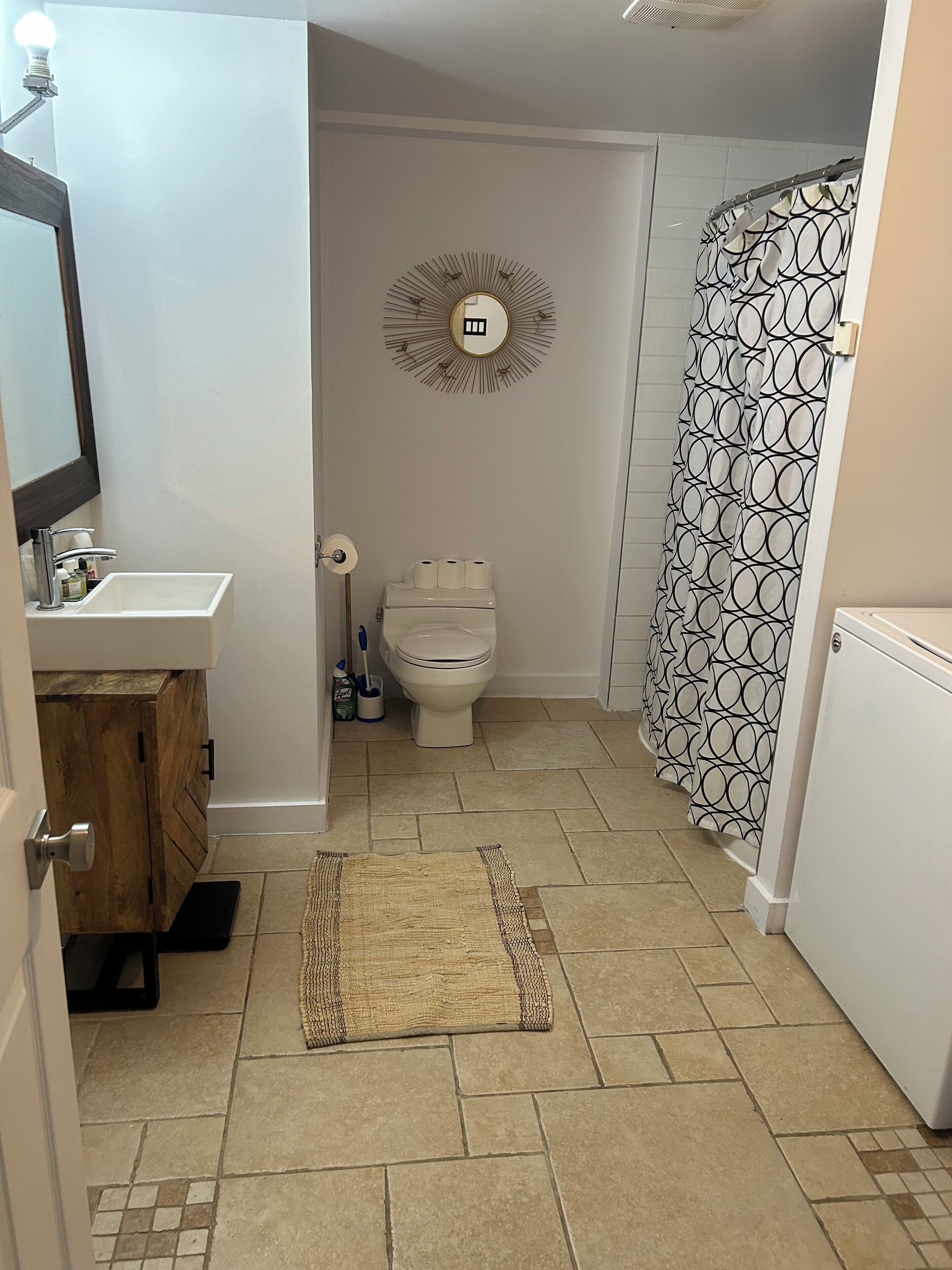 Hair dryer, towels, soap, toilet paper