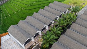 A hotel with multiple-story buildings, each with a flat roof and a balcony. The hotel is surrounded by lush green fields. - Adva Garden Village (Canggu)