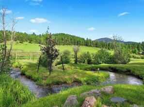 A rural landscape with a stream, green fields, and a wooden fence. - Modern Cozy barn by the creek (Evergreen)