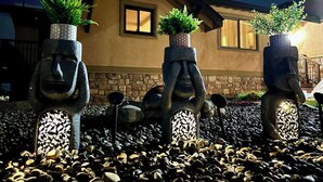 Une maison avec une façade en pierre, un chemin en pierre et trois jardinières en pierre ornées de plantes.