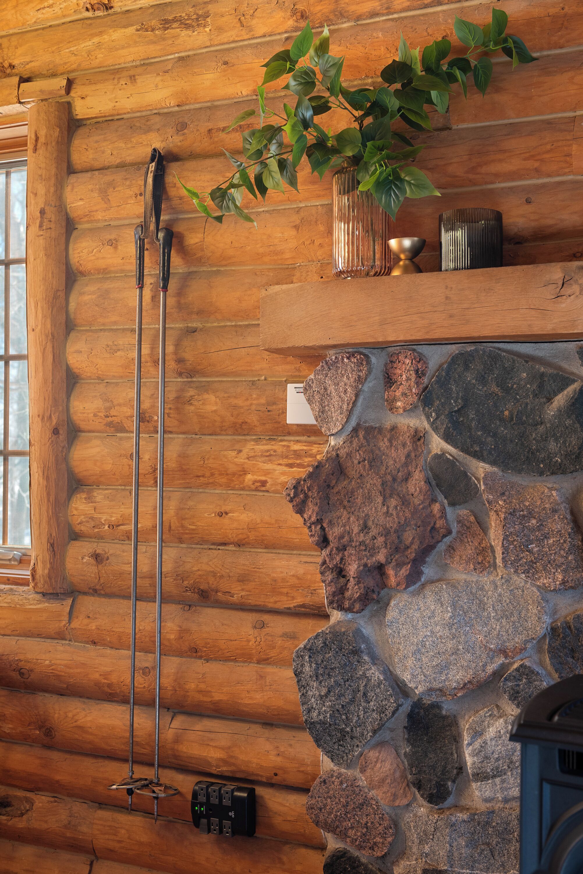 Ein rustikales Blockhaus-Interieur mit Kamin aus Stein, einer hängenden Pflanze und einem Werkzeugträger aus Metall.