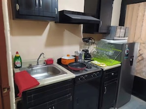 Frigorífico, microondas, placa de cocina y hervidor eléctrico