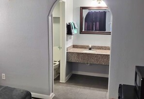 Hair dryer, towels, soap, toilet paper