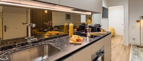 Fridge, microwave, oven, dishwasher