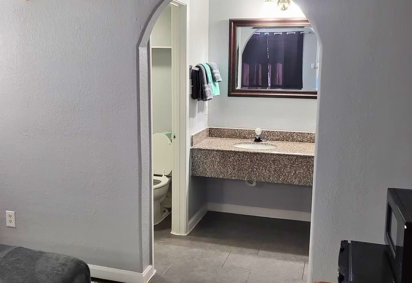 Hair dryer, towels, soap, toilet paper