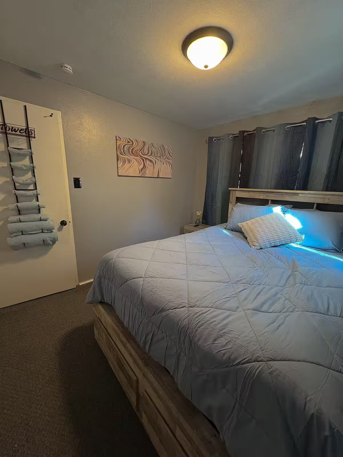 A bedroom with a bed, a headboard, a wall-mounted artwork, a door with towels, and a ceiling light.