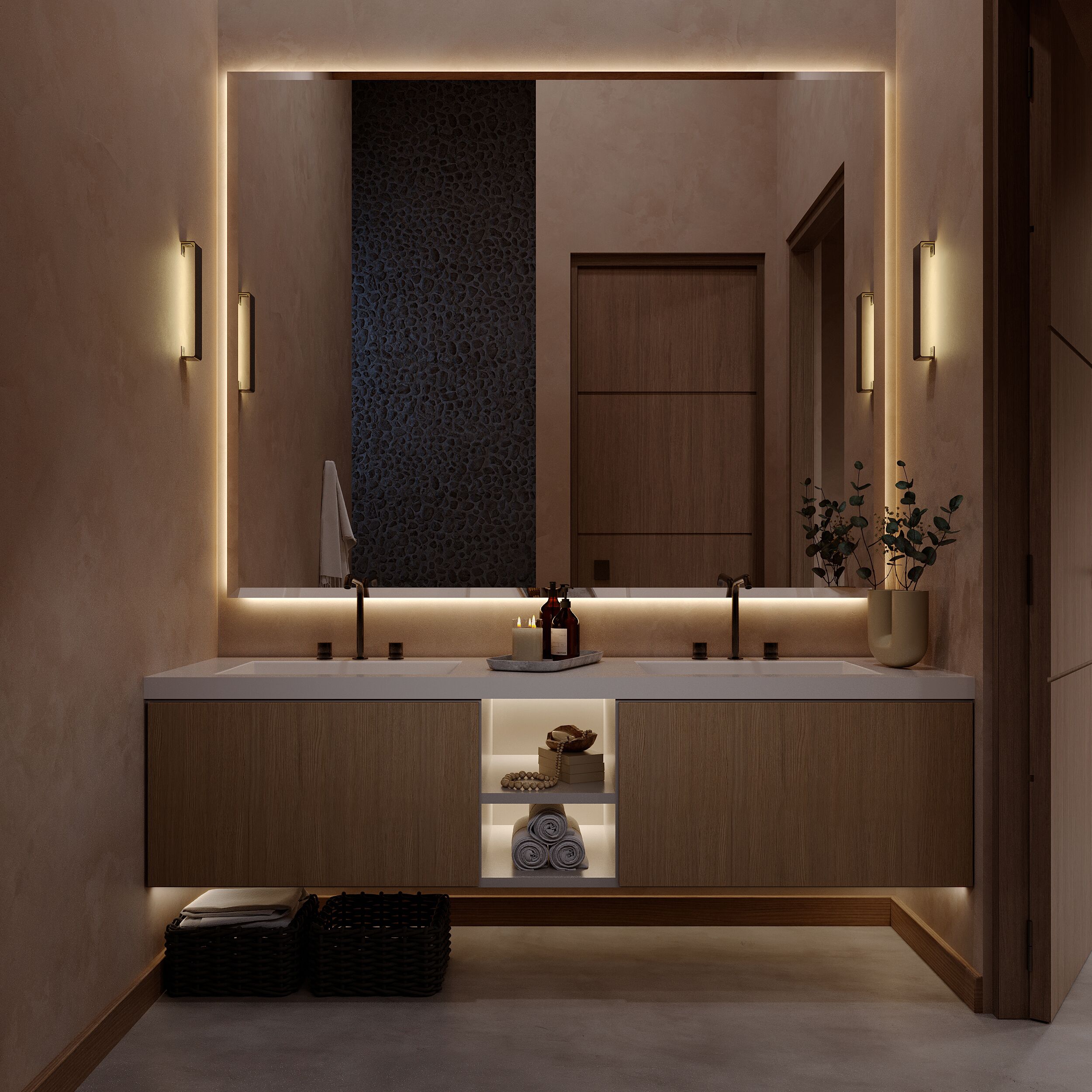 Une salle de bain moderne avec un grand miroir, deux lavabos et un meuble-lavabo en bois.
