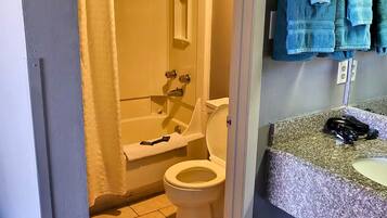 Hair dryer, towels, soap, toilet paper