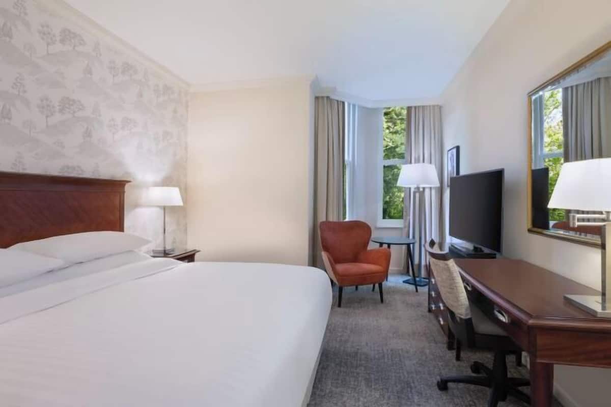A hotel room with a large bed, a desk, a chair, a TV, and a window with curtains.