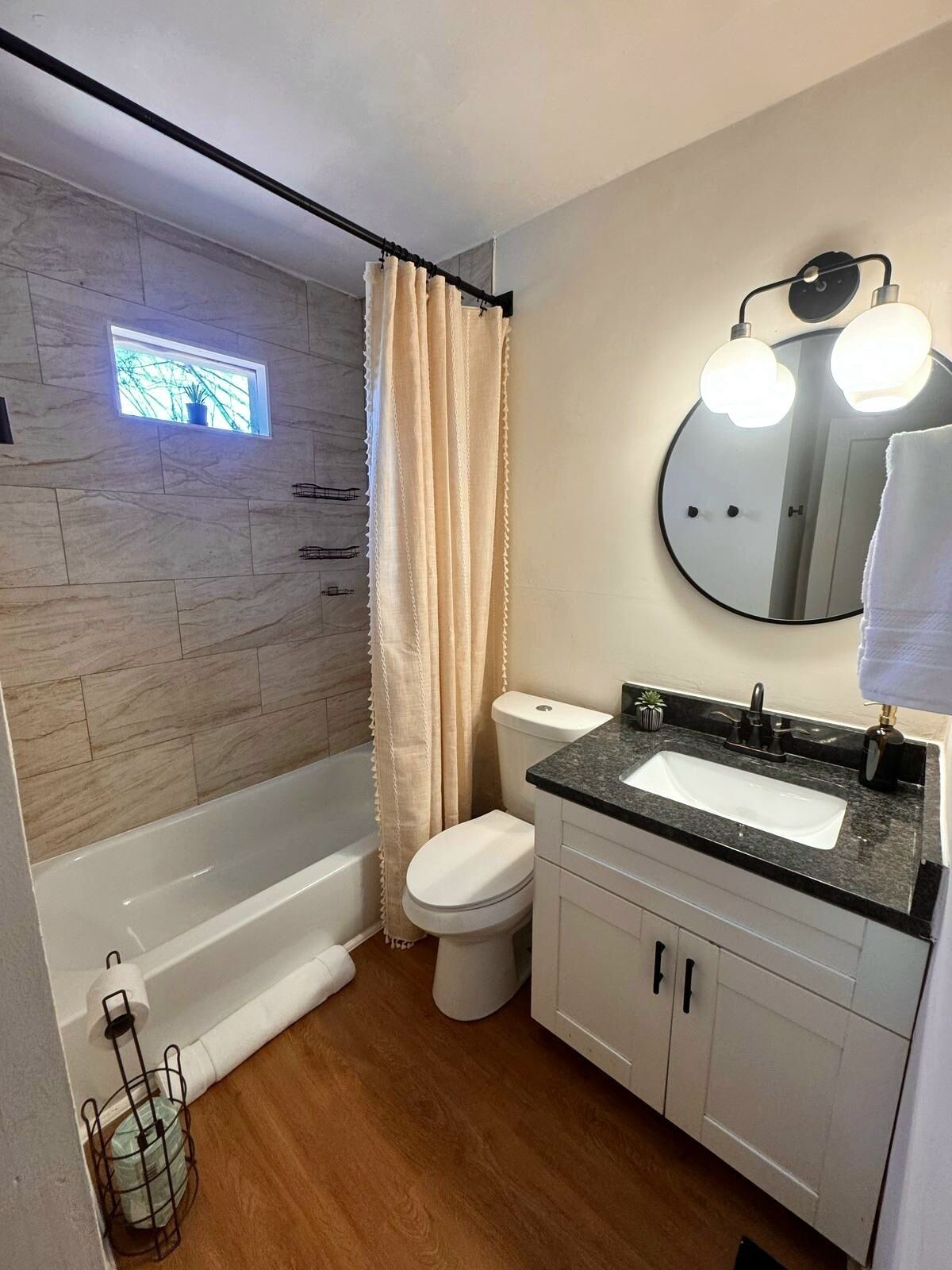 Hair dryer, towels, soap, toilet paper