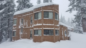 Ein mehrgeschossiges Gebäude mit großen Fenstern, umgeben von schneebedeckten Bäumen.