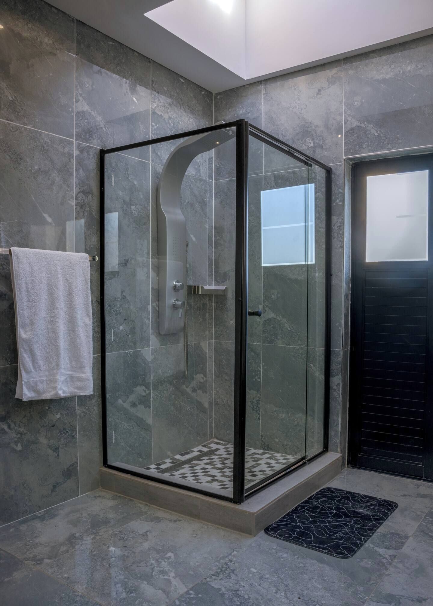 Shower, towels, toilet paper
