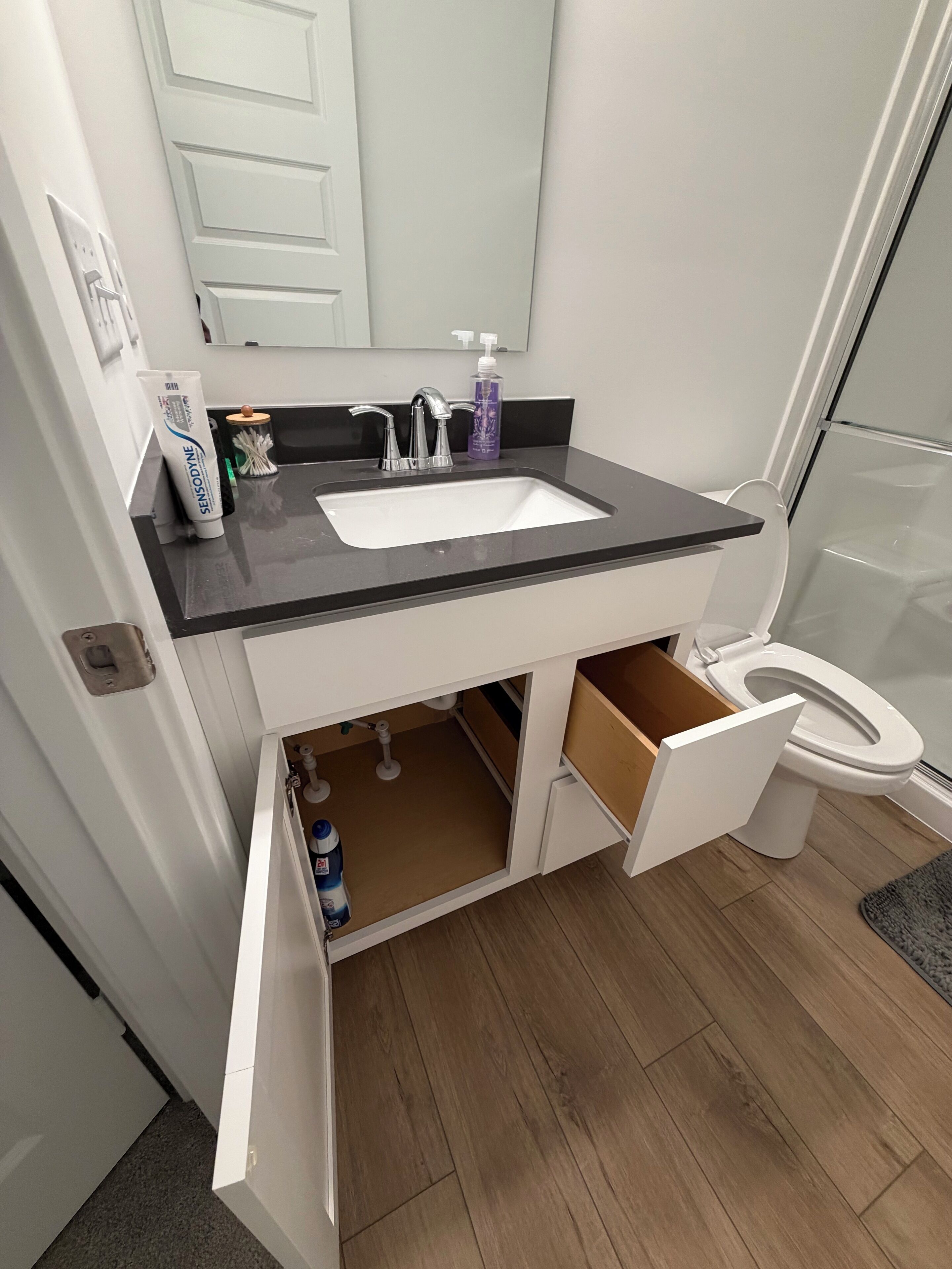 Hair dryer, towels, soap, toilet paper