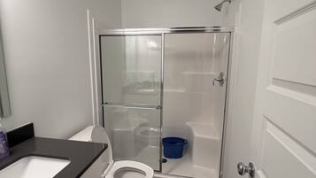 Hair dryer, towels, soap, toilet paper