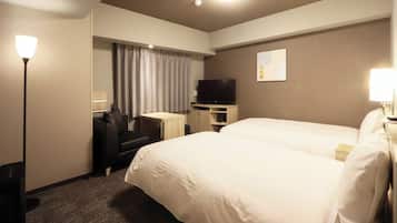 Desk, laptop workspace, blackout curtains, iron/ironing board