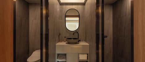 Signature Suite | Bathroom | Hair dryer, towels, soap, shampoo