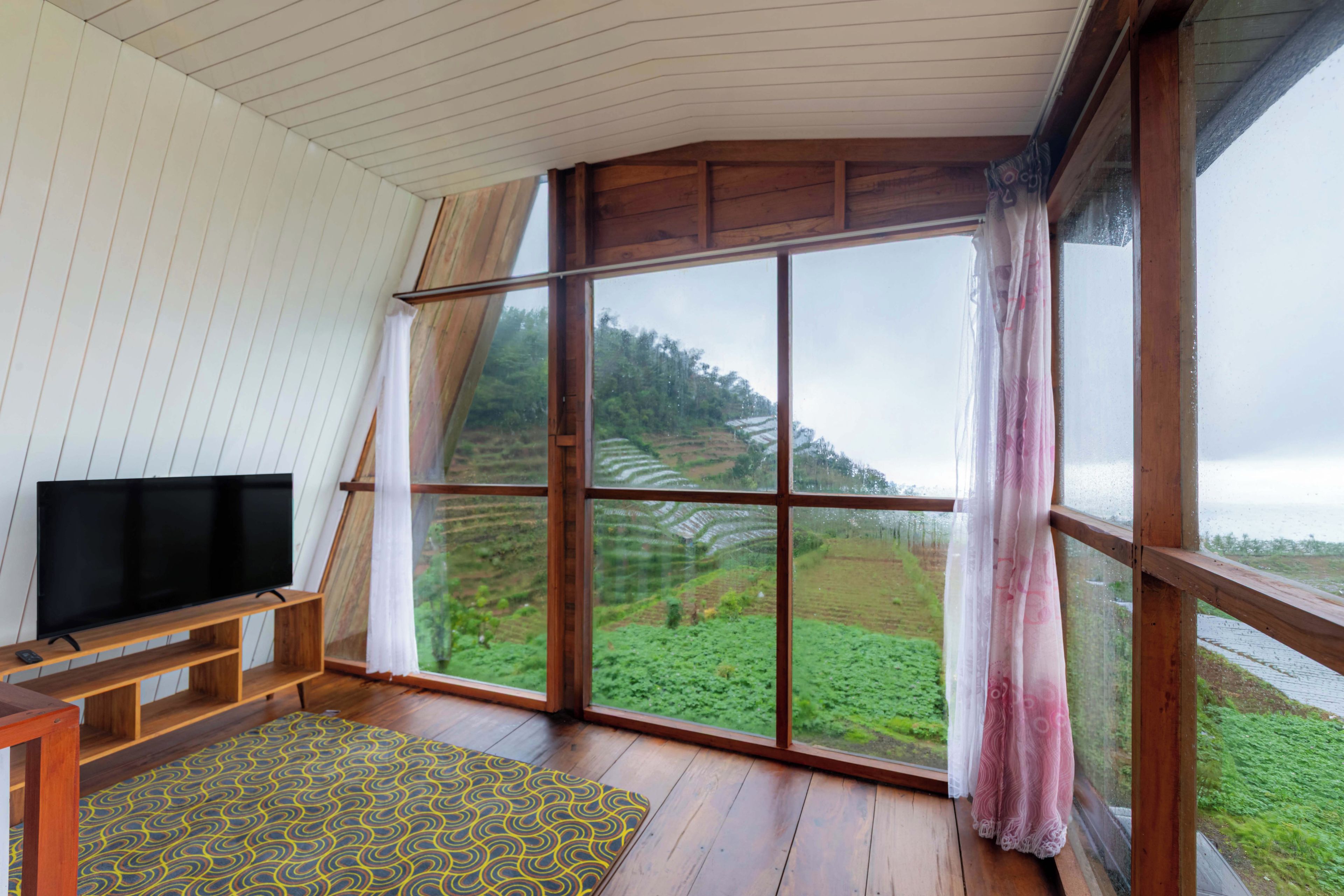 A room with a large window, a flat-screen TV, and a patterned rug.