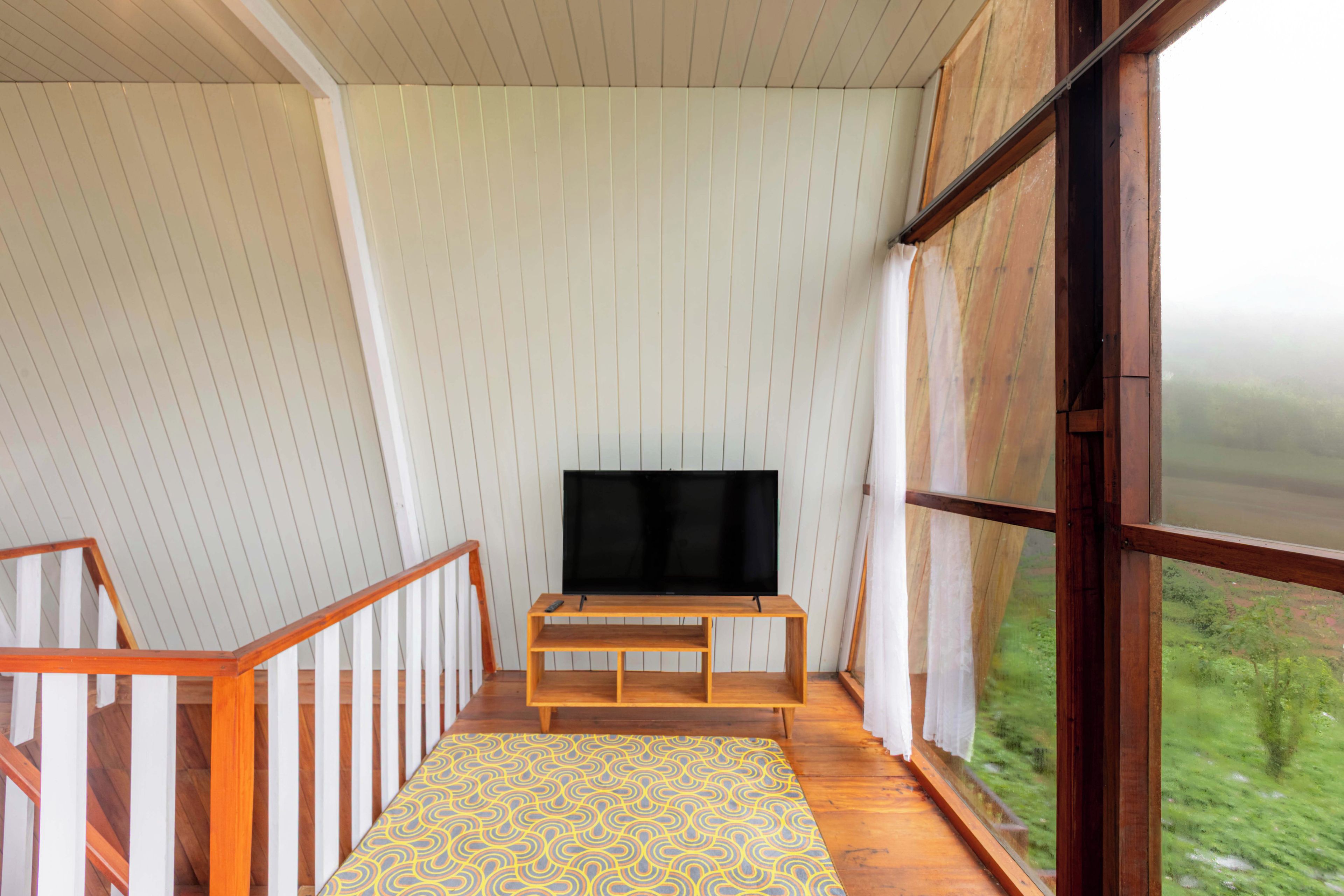 A room with a wooden TV stand, a patterned rug, and a view of greenery outside.