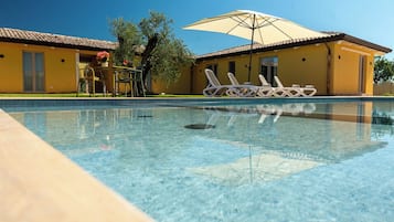 Seasonal outdoor pool, pool umbrellas, pool loungers