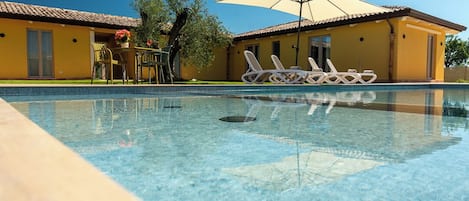 Seasonal outdoor pool, pool umbrellas, sun loungers