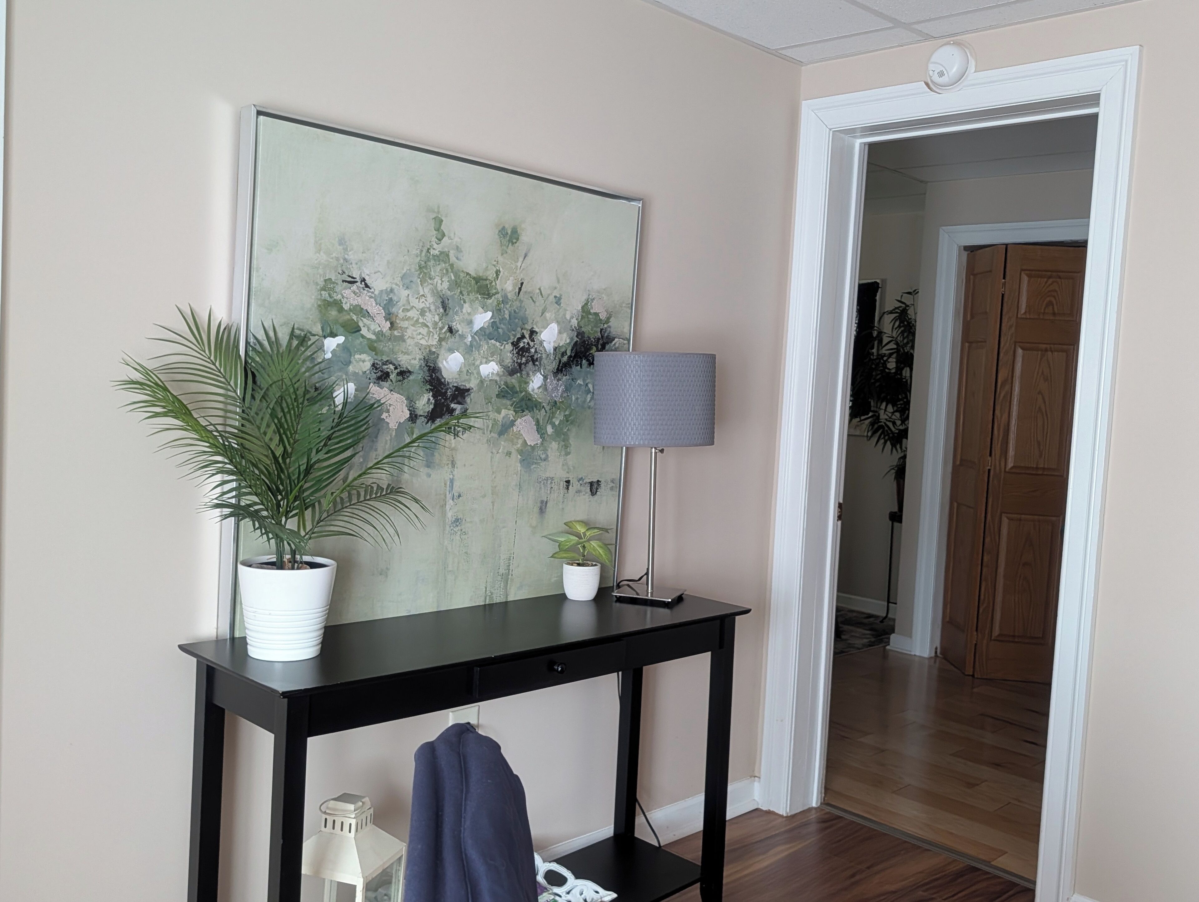 Une pièce avec une console noire, une plante en pot, une lampe et un tableau accroché au mur.