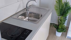Eine moderne Küche mit integriertem Spülbecken, Induktionskochfeld und einem Topfpflanzen.