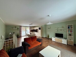 Televisio, DVD-soitin, kirjoja, stereot