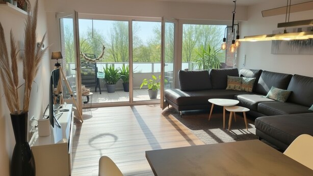A modern living room with a sofa, coffee table, and dining table. There are potted plants and a large window providing a view of the outdoors. - Comfortable vacation apartment Seeadler 30 with balcony near Friesenstrand in Tossens (Butjadingen-Tossens)
